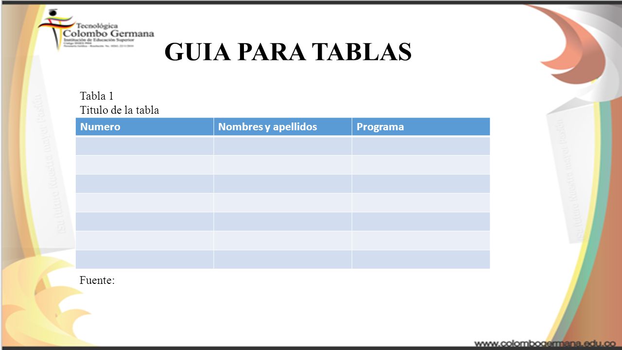 GUIA PARA TABLAS Tabla 1 Titulo de la tabla Numero Nombres y apellidos