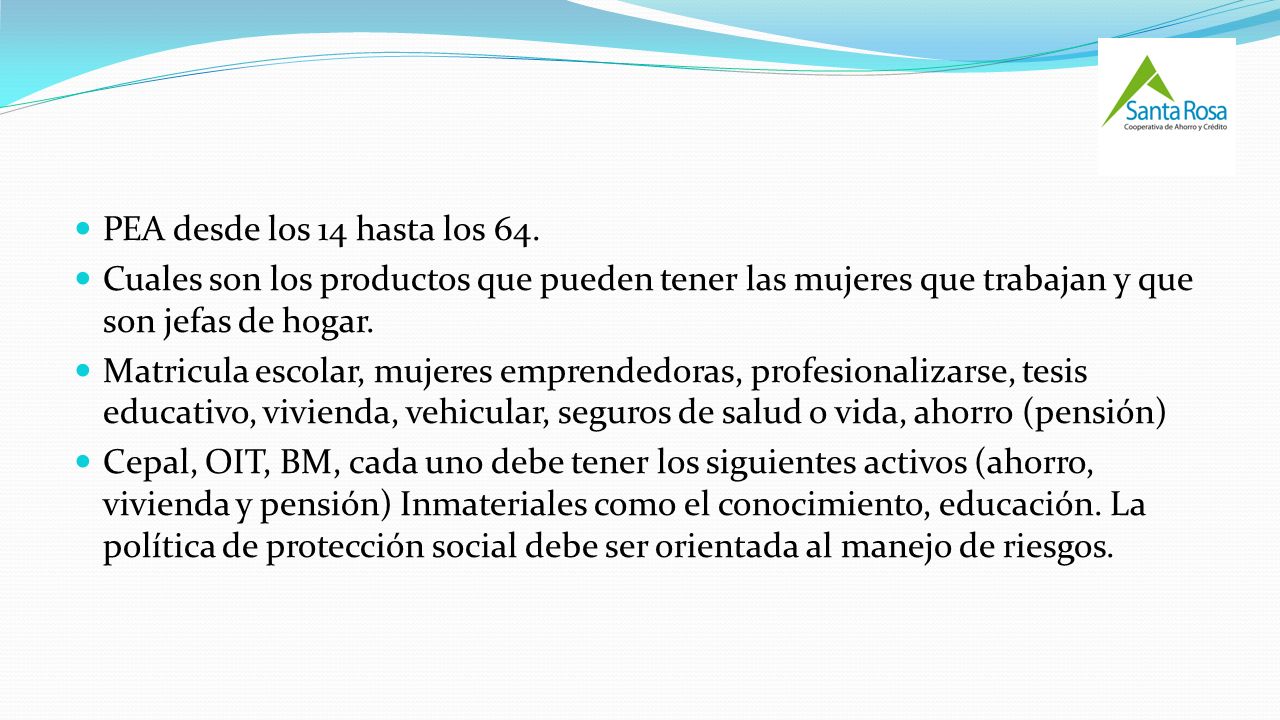 PEA desde los 14 hasta los 64. Cuales son los productos que pueden tener las mujeres que trabajan y que son jefas de hogar.