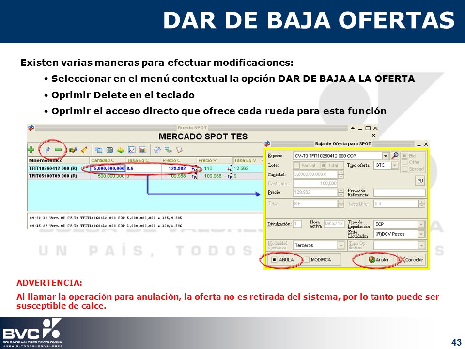 DAR DE BAJA OFERTAS Existen varias maneras para efectuar modificaciones: Seleccionar en el menú contextual la opción DAR DE BAJA A LA OFERTA.