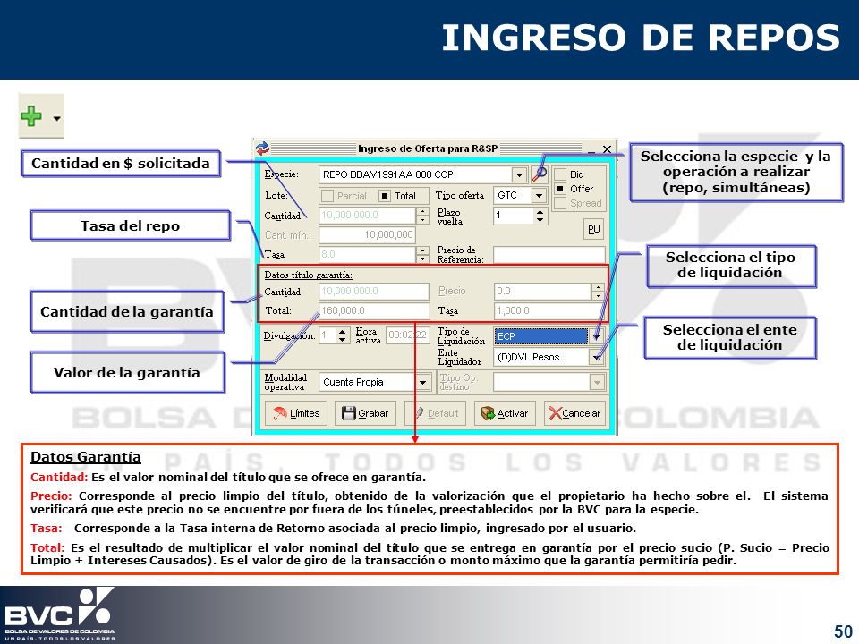 INGRESO DE REPOS Selecciona la especie y la operación a realizar (repo, simultáneas) Cantidad en $ solicitada.