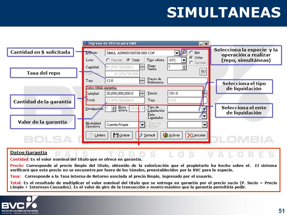 SIMULTANEAS Selecciona la especie y la operación a realizar (repo, simultáneas) Cantidad en $ solicitada.