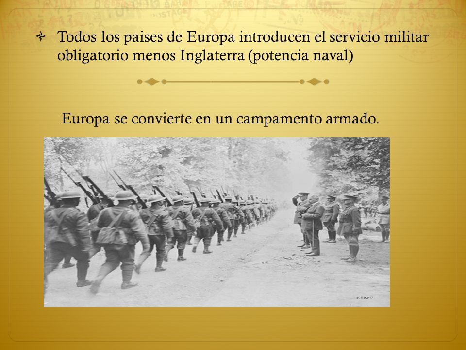 Todos los paises de Europa introducen el servicio militar obligatorio menos Inglaterra (potencia naval)