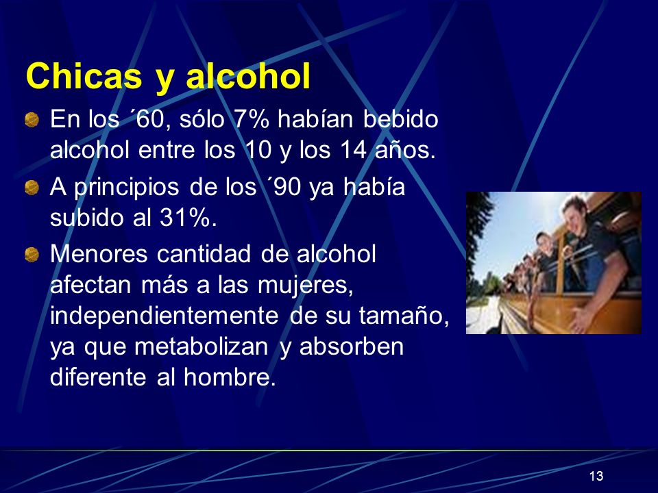 Chicas y alcohol En los ´60, sólo 7% habían bebido alcohol entre los 10 y los 14 años. A principios de los ´90 ya había subido al 31%.