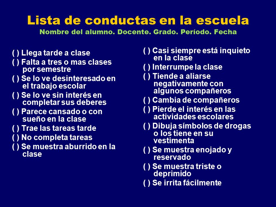 Lista de conductas en la escuela Nombre del alumno. Docente. Grado