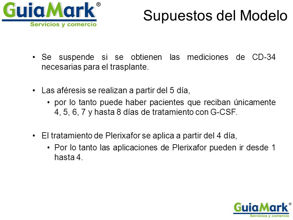 Supuestos del Modelo Se suspende si se obtienen las mediciones de CD-34 necesarias para el trasplante.