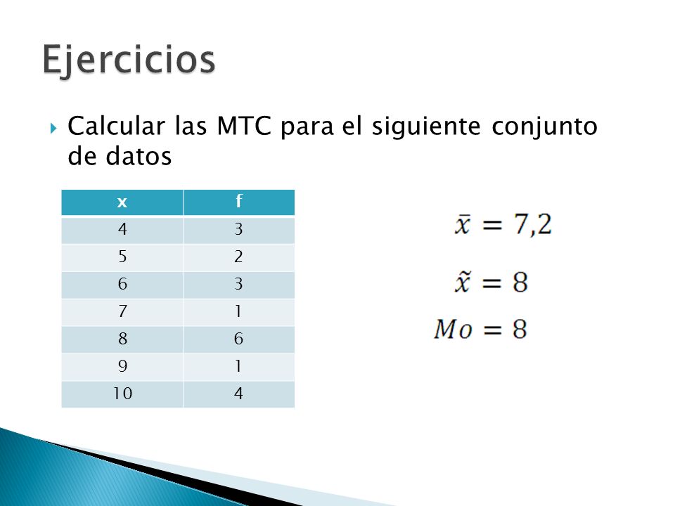 Ejercicios Calcular las MTC para el siguiente conjunto de datos x f 4