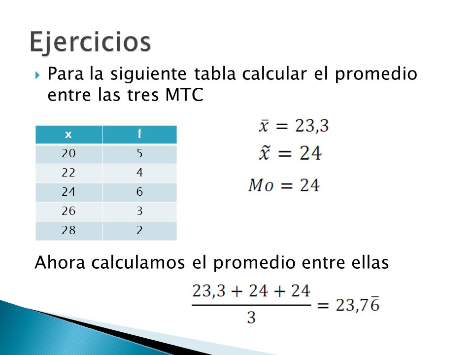 Ejercicios Para la siguiente tabla calcular el promedio entre las tres MTC. Ahora calculamos el promedio entre ellas.