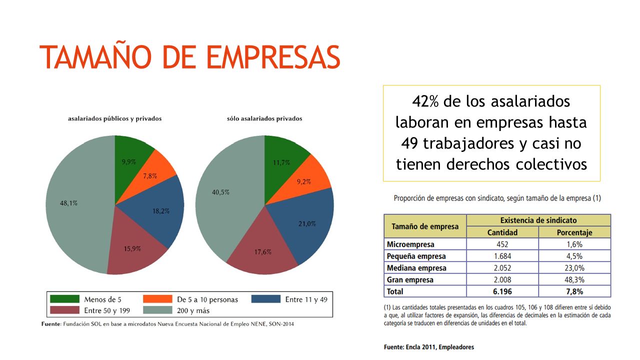 TAMAÑO DE EMPRESAS 42% de los asalariados laboran en empresas hasta 49 trabajadores y casi no tienen derechos colectivos.