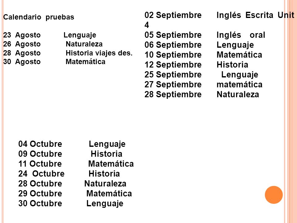 02 Septiembre Inglés Escrita Unit 4 05 Septiembre Inglés oral 06 Septiembre Lenguaje 10 Septiembre Matemática 12 Septiembre Historia 25 Septiembre Lenguaje 27 Septiembre matemática 28 Septiembre Naturaleza