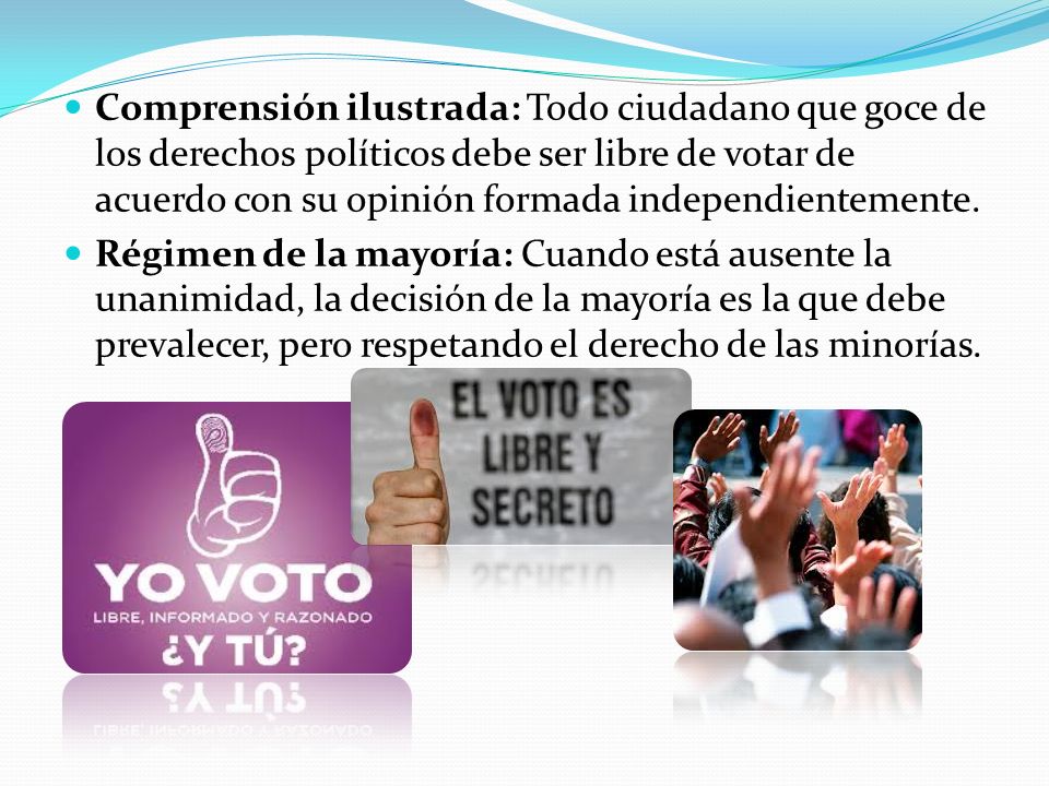 Comprensión ilustrada: Todo ciudadano que goce de los derechos políticos debe ser libre de votar de acuerdo con su opinión formada independientemente.