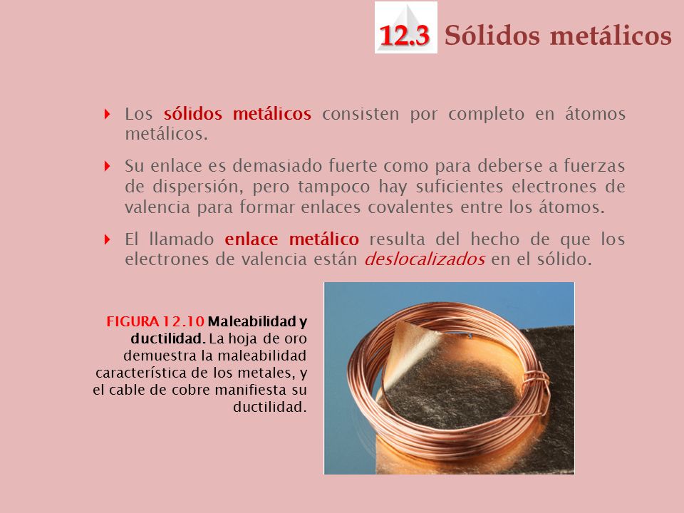 12.3 Sólidos metálicos Los sólidos metálicos consisten por completo en átomos metálicos.