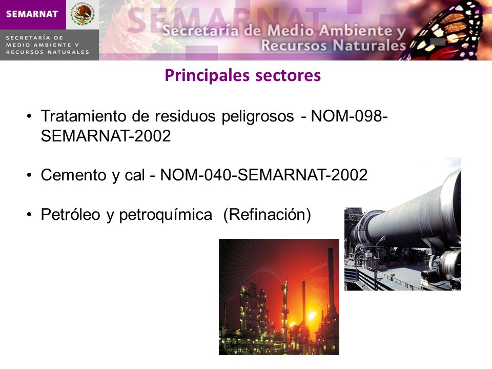 Principales sectores Tratamiento de residuos peligrosos - NOM-098-SEMARNAT Cemento y cal - NOM-040-SEMARNAT