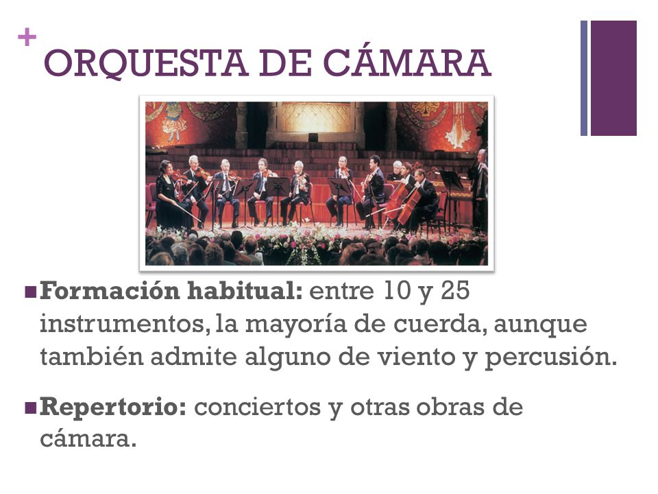 ORQUESTA DE CÁMARA Formación habitual: entre 10 y 25 instrumentos, la mayoría de cuerda, aunque también admite alguno de viento y percusión.