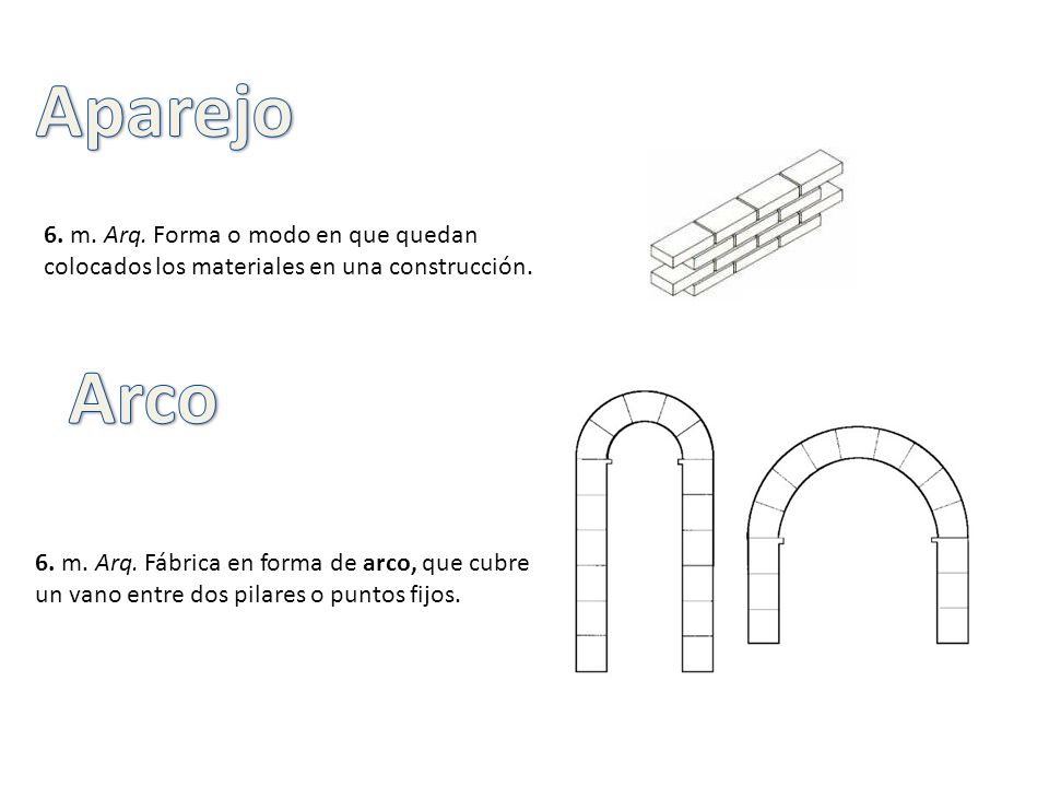 Aparejo 6. m. Arq. Forma o modo en que quedan colocados los materiales en una construcción. Arco.