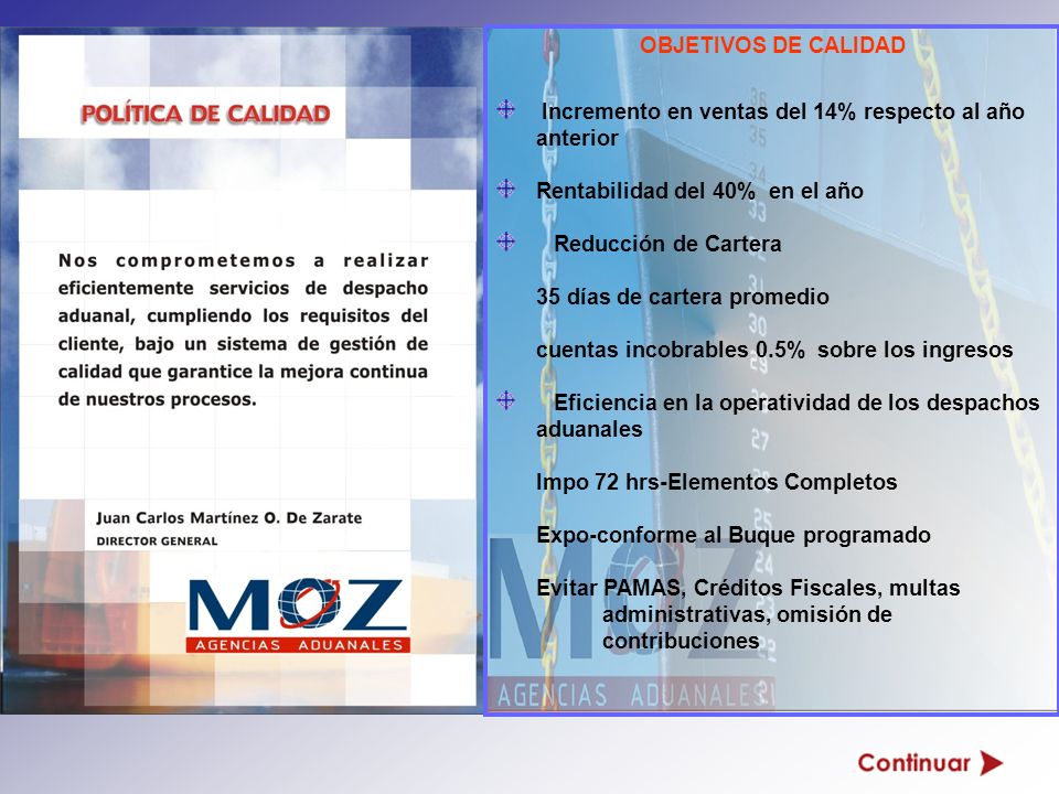 OBJETIVOS DE CALIDAD Incremento en ventas del 14% respecto al año anterior. Rentabilidad del 40% en el año.