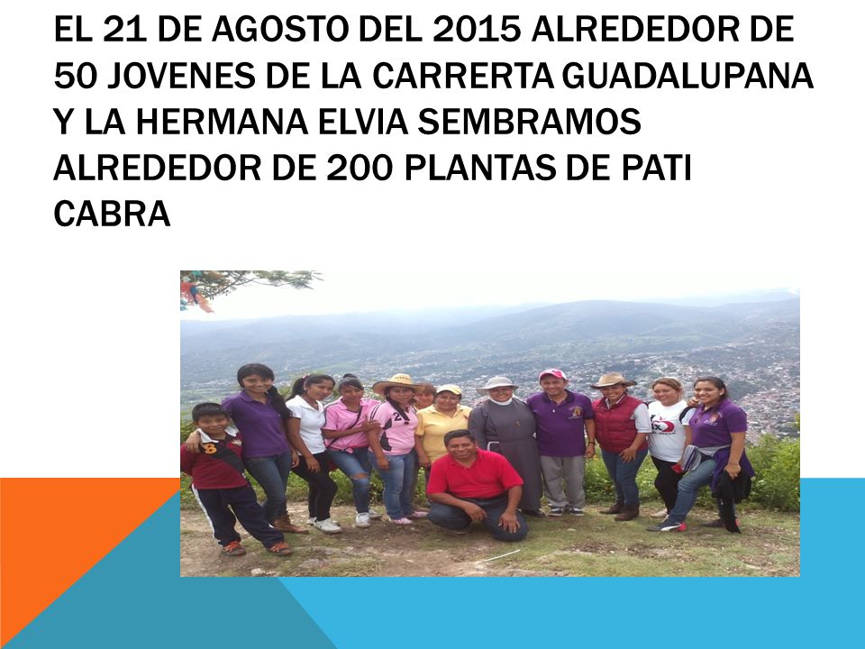 EL 21 DE AGOSTO DEL 2015 ALREDEDOR DE 50 JOVENES DE LA CARRERTA GUADALUPANA Y LA HERMANA ELVIA SEMBRAMOS ALREDEDOR DE 200 PLANTAS DE PATI CABRA