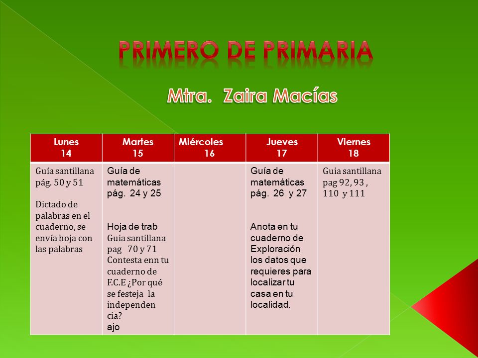 Primero de primaria Mtra. Zaira Macías Lunes 14 Martes 15 Miércoles 16