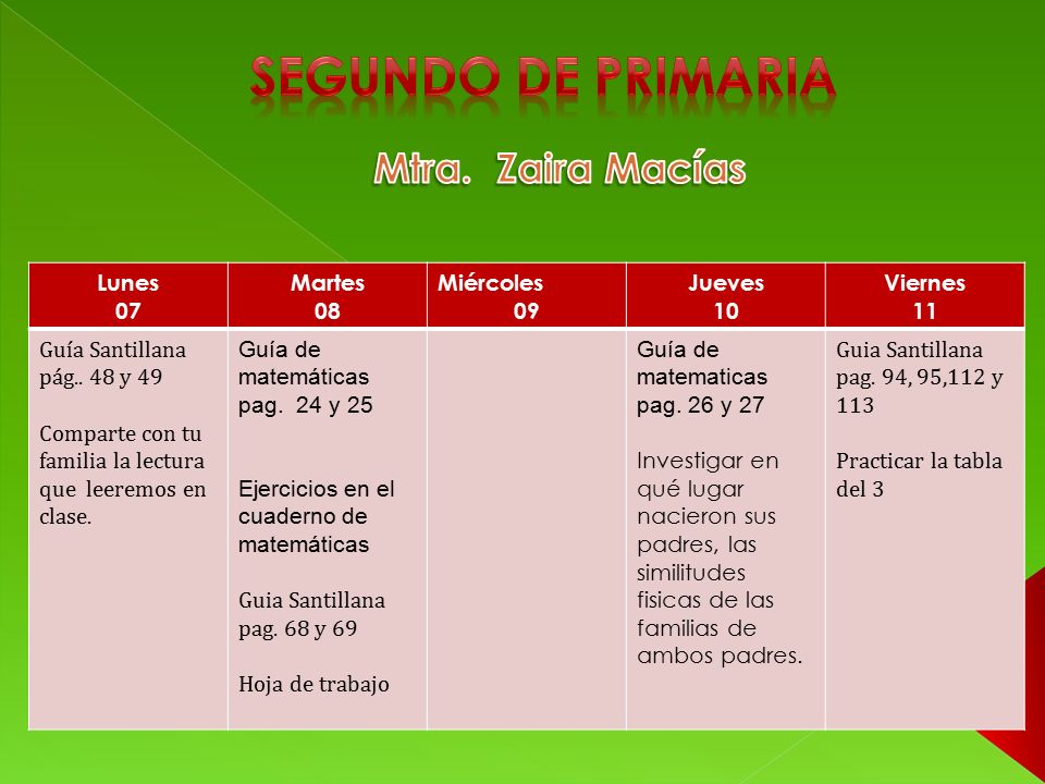 segundo de primaria Mtra. Zaira Macías Lunes 07 Martes 08 Miércoles 09