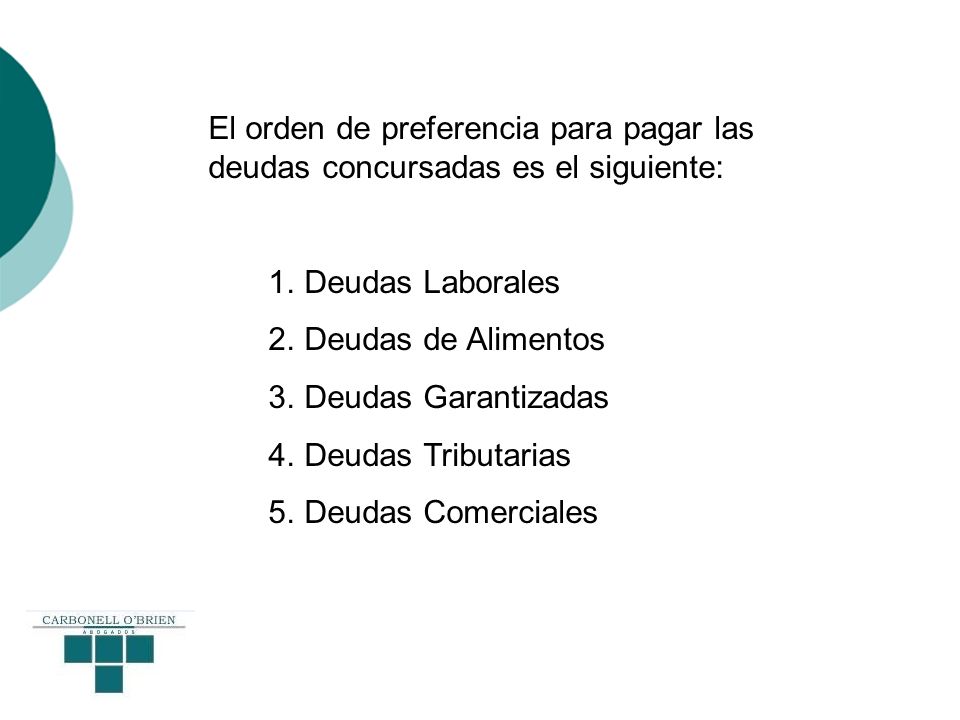El orden de preferencia para pagar las deudas concursadas es el siguiente: