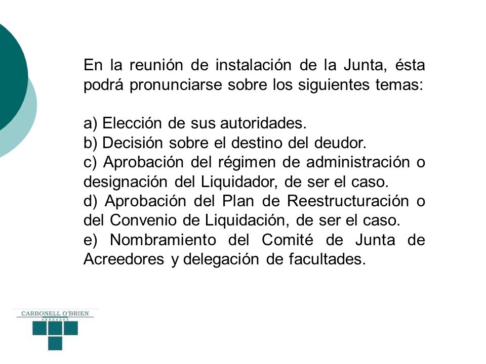 En la reunión de instalación de la Junta, ésta podrá pronunciarse sobre los siguientes temas:
