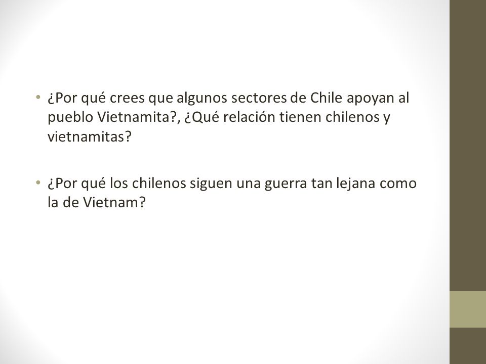 ¿Por qué crees que algunos sectores de Chile apoyan al pueblo Vietnamita , ¿Qué relación tienen chilenos y vietnamitas