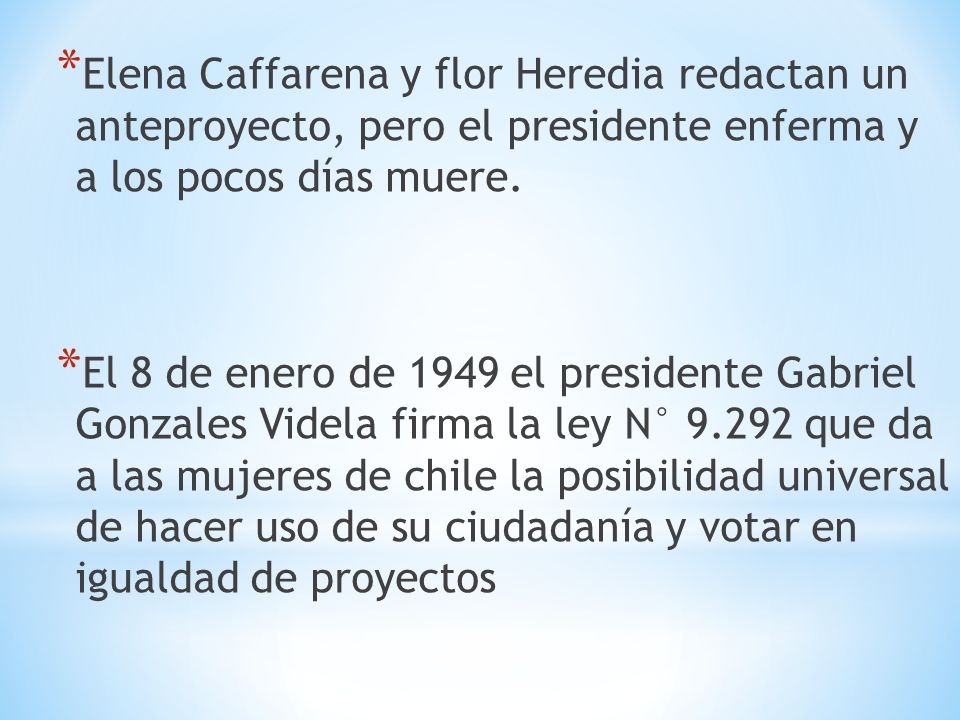 Elena Caffarena y flor Heredia redactan un anteproyecto, pero el presidente enferma y a los pocos días muere.