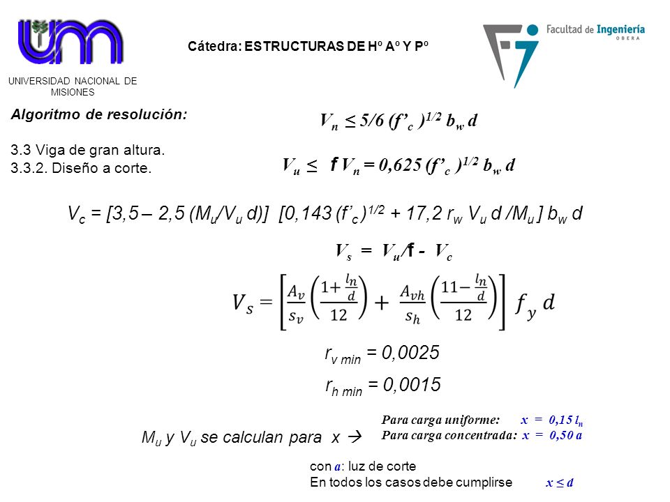 Vc = [3,5 – 2,5 (Mu/Vu d)] [0,143 (f’c )1/2 + 17,2 rw Vu d /Mu ] bw d