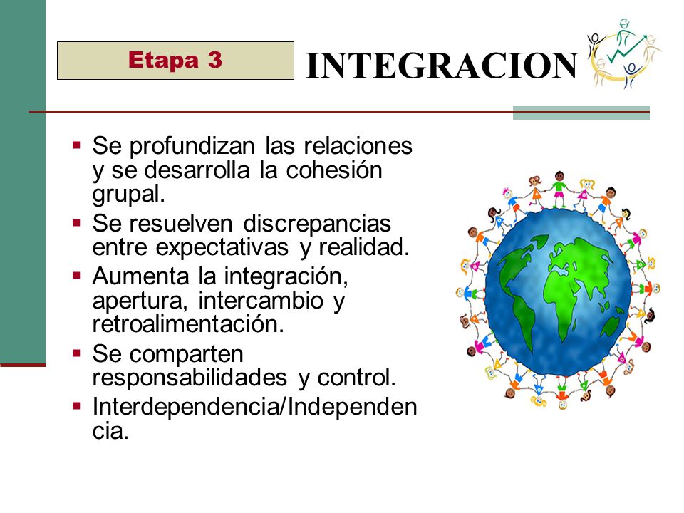 INTEGRACION Etapa 3. Se profundizan las relaciones y se desarrolla la cohesión grupal. Se resuelven discrepancias entre expectativas y realidad.