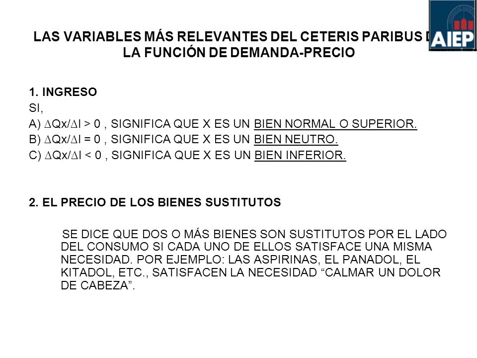 LAS VARIABLES MÁS RELEVANTES DEL CETERIS PARIBUS DE LA FUNCIÓN DE DEMANDA-PRECIO