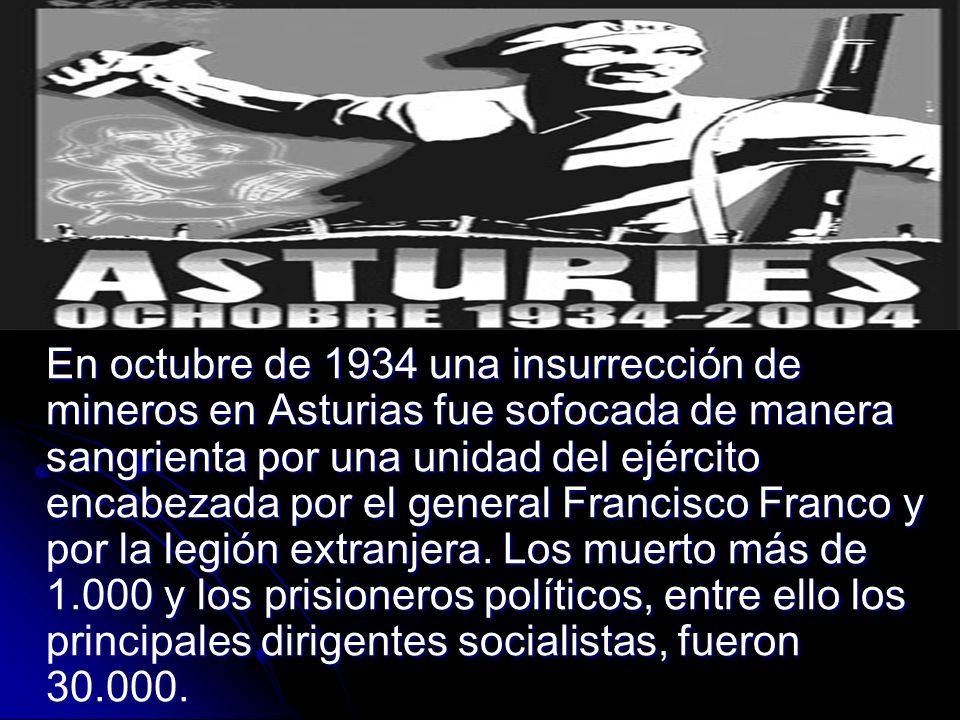 En octubre de 1934 una insurrección de mineros en Asturias fue sofocada de manera sangrienta por una unidad del ejército encabezada por el general Francisco Franco y por la legión extranjera.