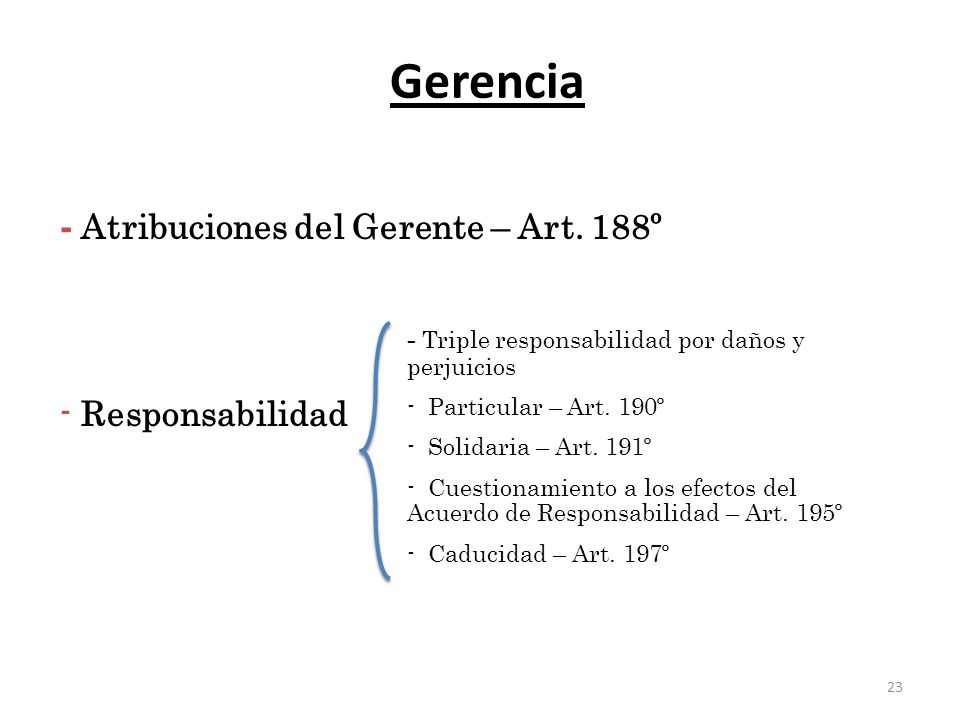 Gerencia - Atribuciones del Gerente – Art. 188º - Responsabilidad