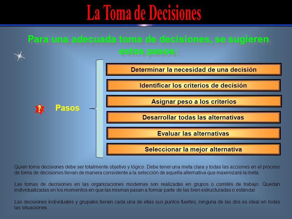 Para una adecuada toma de decisiones, se sugieren estos pasos: