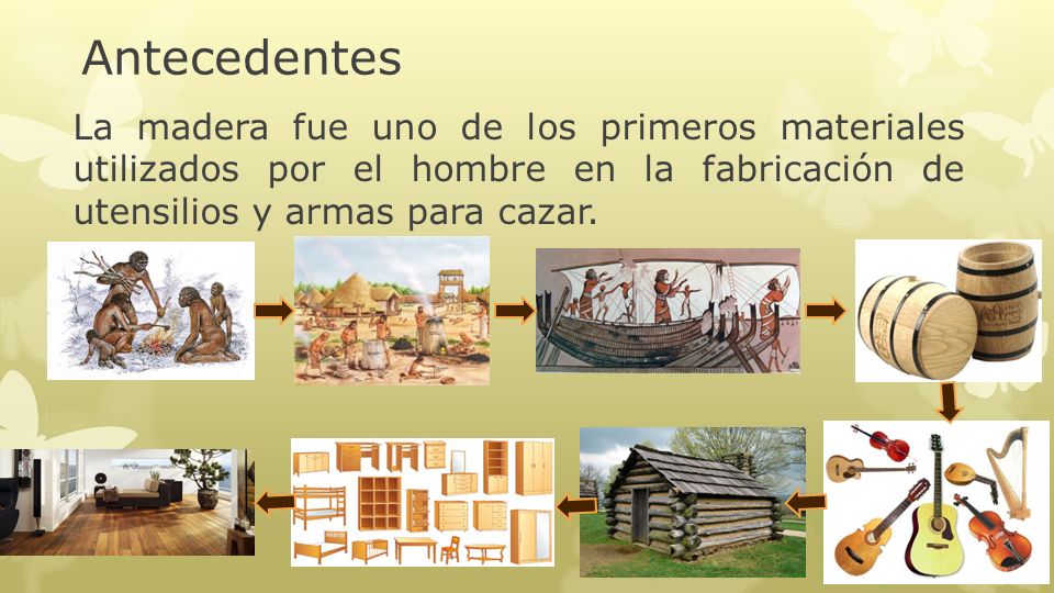 Antecedentes La madera fue uno de los primeros materiales utilizados por el hombre en la fabricación de utensilios y armas para cazar.