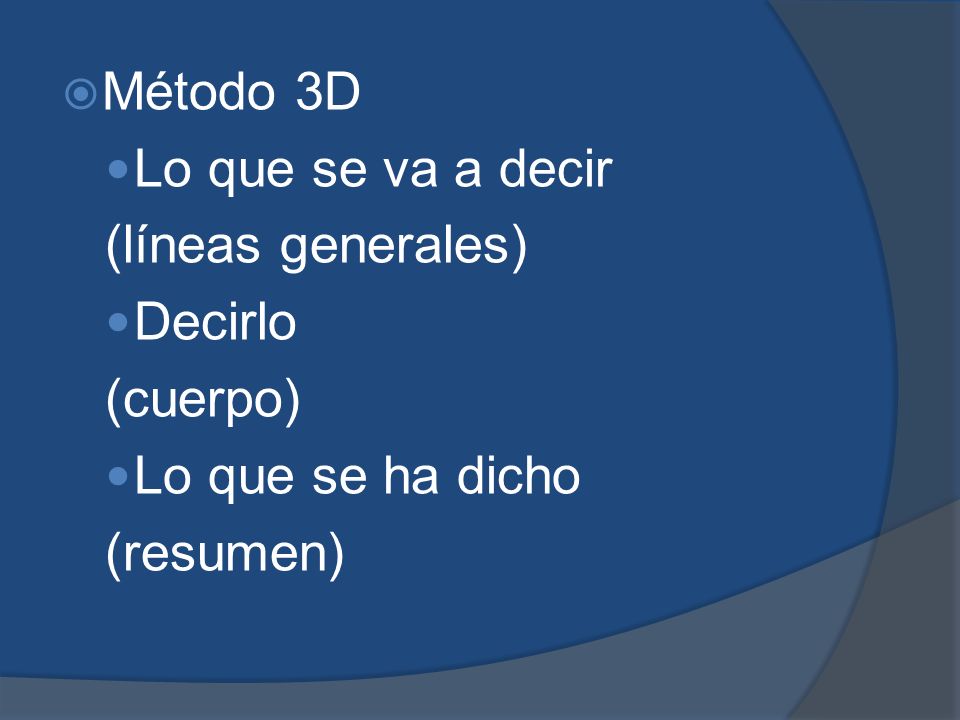 Método 3D Lo que se va a decir (líneas generales) Decirlo (cuerpo) Lo que se ha dicho (resumen)