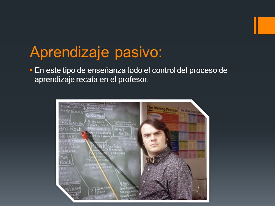 Aprendizaje pasivo: En este tipo de enseñanza todo el control del proceso de aprendizaje recaía en el profesor.