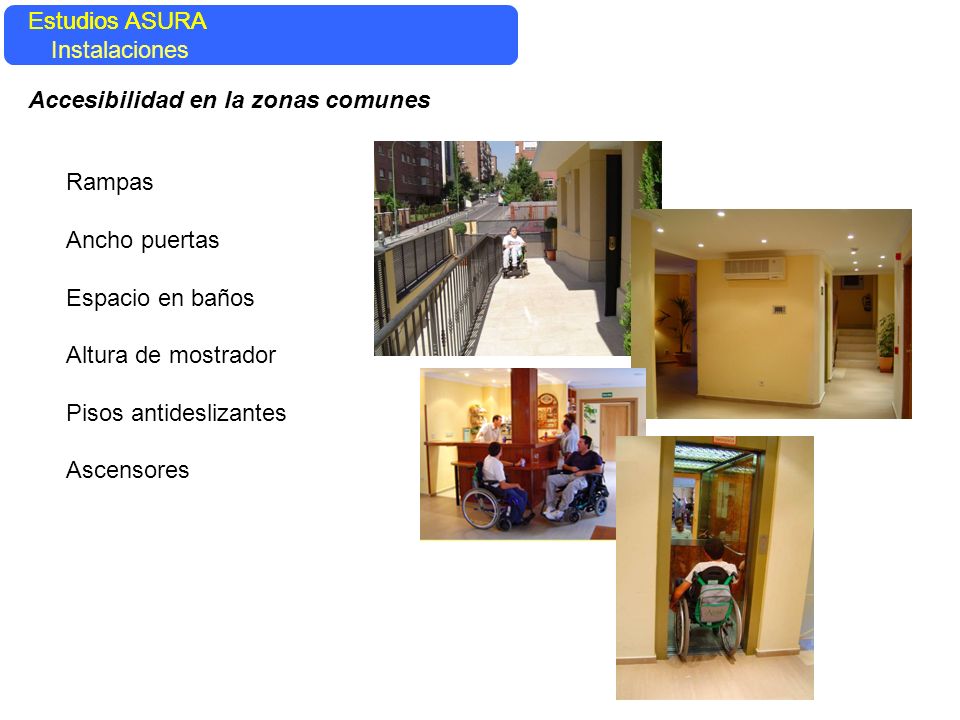 Estudios ASURA Estudios ASURA. Instalaciones. Accesibilidad en la zonas comunes. Rampas. Ancho puertas.