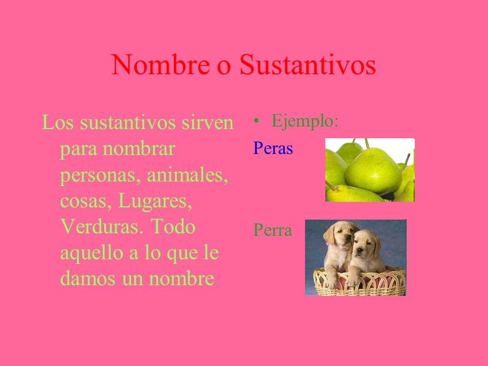Nombre o Sustantivos Los sustantivos sirven para nombrar personas, animales, cosas, Lugares, Verduras. Todo aquello a lo que le damos un nombre.