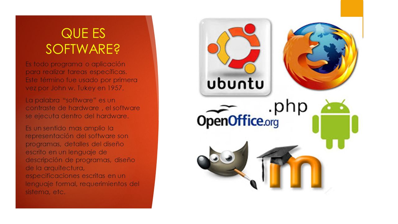 QUE ES SOFTWARE Es todo programa o aplicación para realizar tareas específicas. Este término fue usado por primera vez por John w. Tukey en