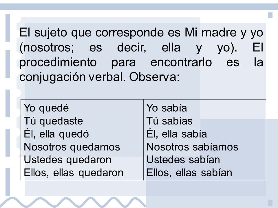 El sujeto que corresponde es Mi madre y yo (nosotros; es decir, ella y yo). El procedimiento para encontrarlo es la conjugación verbal. Observa:
