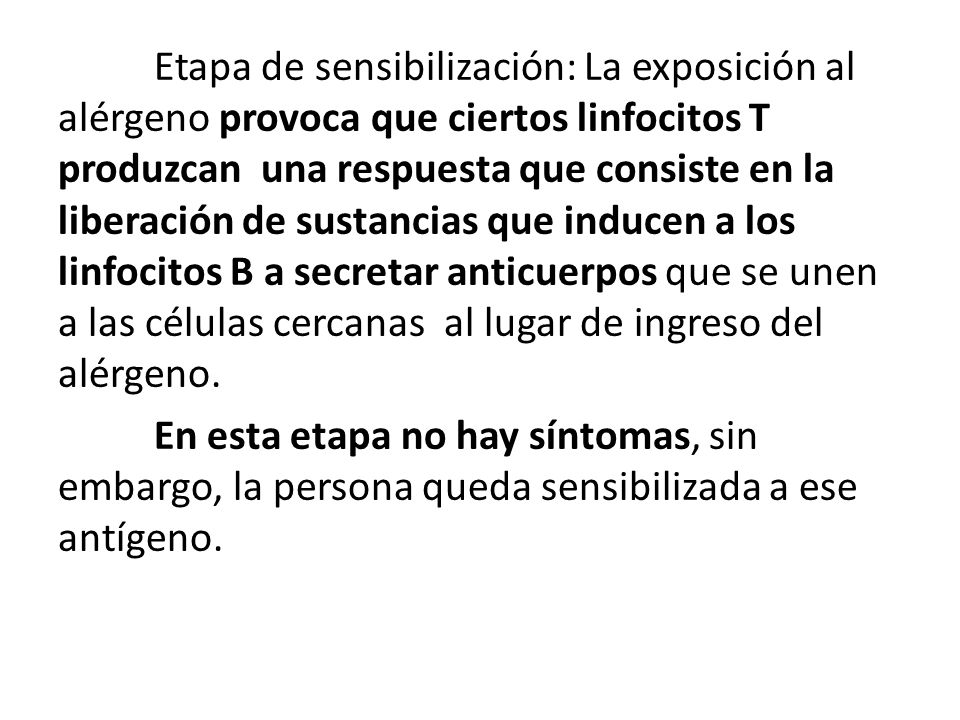 Etapa de sensibilización: La exposición al alérgeno provoca que ciertos linfocitos T produzcan una respuesta que consiste en la liberación de sustancias que inducen a los linfocitos B a secretar anticuerpos que se unen a las células cercanas al lugar de ingreso del alérgeno.