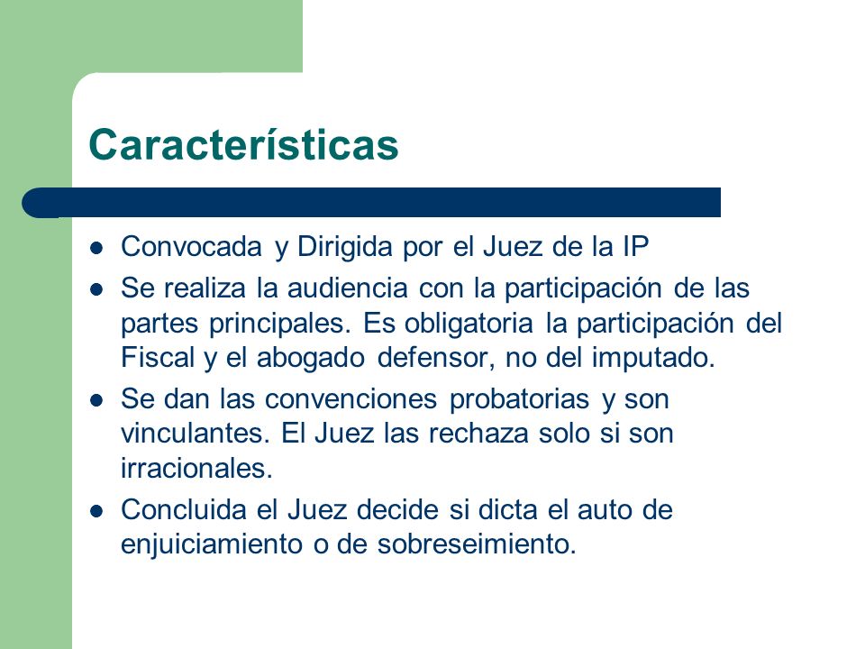 Características Convocada y Dirigida por el Juez de la IP