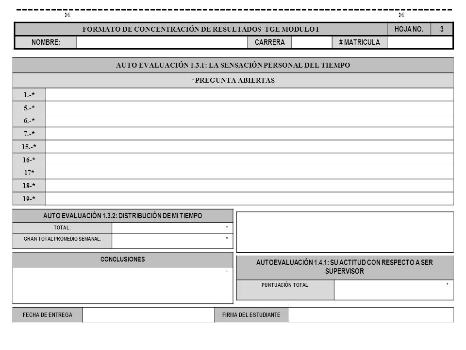 FORMATO DE CONCENTRACIÓN DE RESULTADOS TGE MODULO I HOJA NO. 3 NOMBRE: