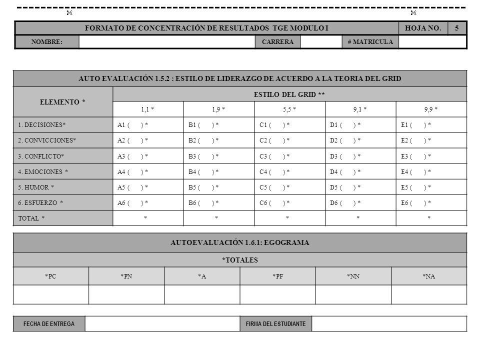 FORMATO DE CONCENTRACIÓN DE RESULTADOS TGE MODULO I HOJA NO. 5