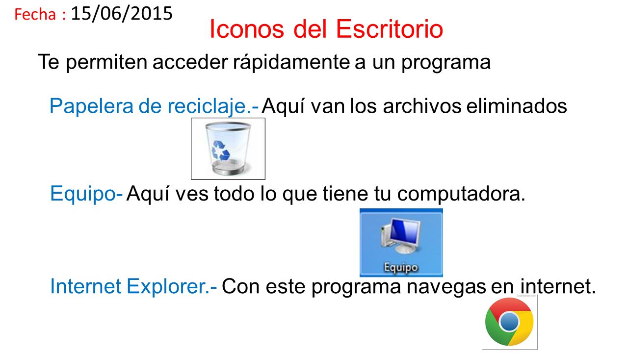 Iconos del Escritorio Te permiten acceder rápidamente a un programa