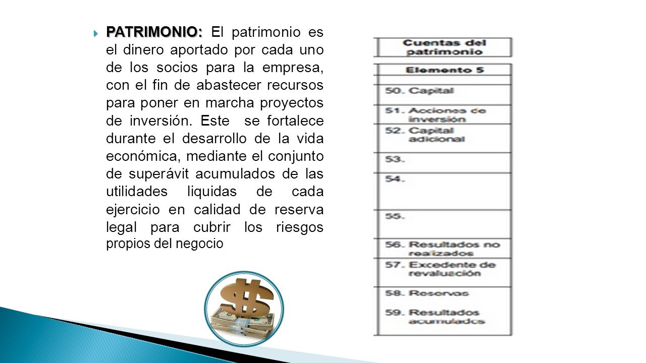 PATRIMONIO: El patrimonio es el dinero aportado por cada uno de los socios para la empresa, con el fin de abastecer recursos para poner en marcha proyectos de inversión.