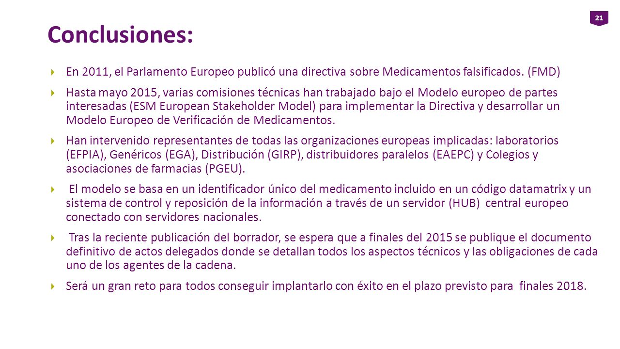 Conclusiones: En 2011, el Parlamento Europeo publicó una directiva sobre Medicamentos falsificados. (FMD)