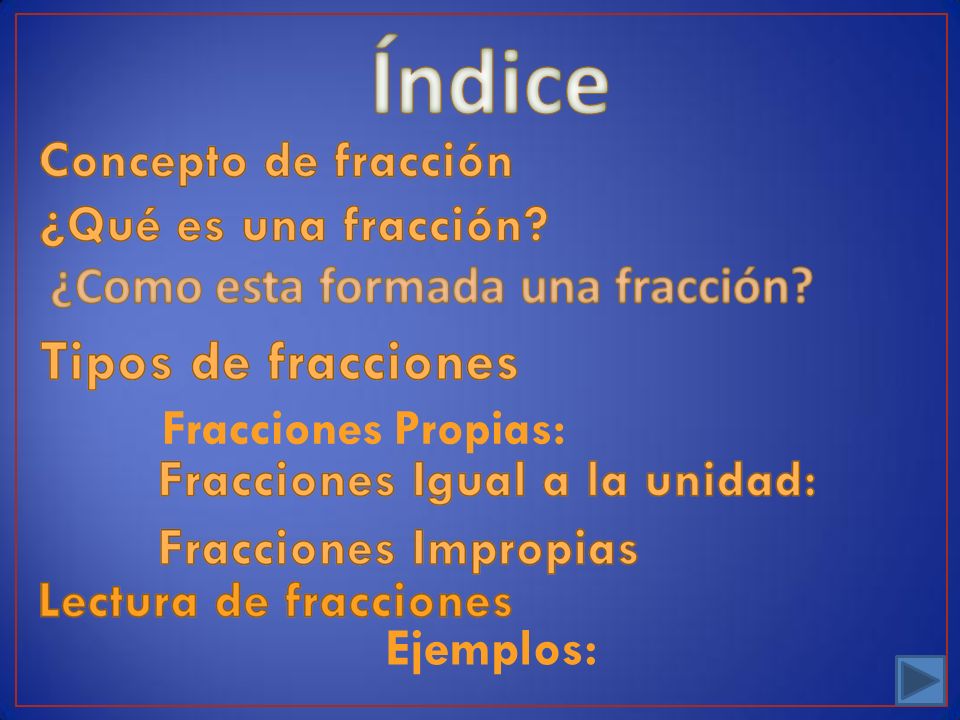 Índice ¿Como esta formada una fracción Fracciones Propias: Ejemplos: