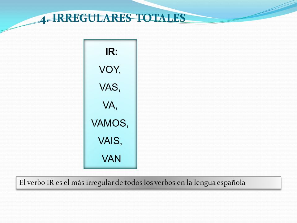 4. IRREGULARES TOTALES IR: VOY, VAS, VA, VAMOS, VAIS, VAN