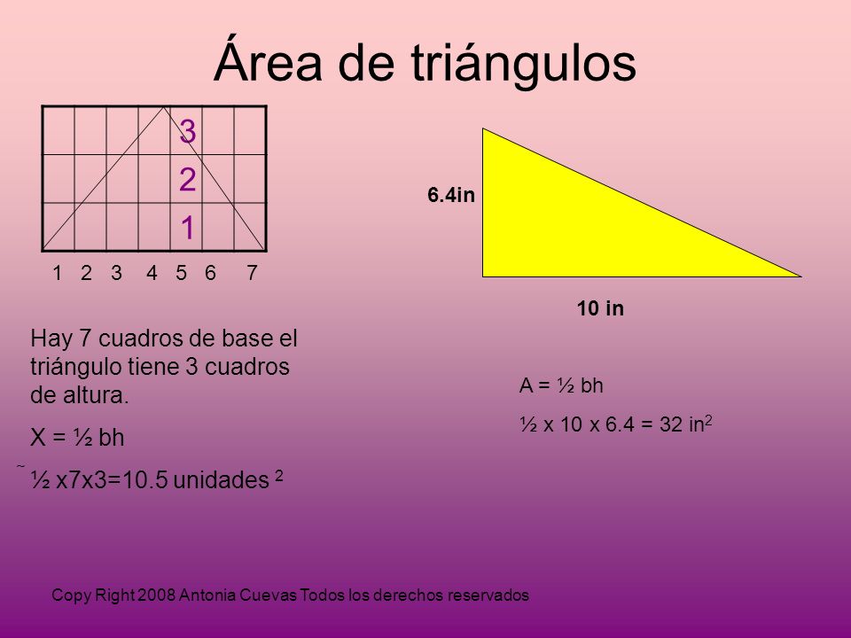 Área de triángulos in in. Hay 7 cuadros de base el triángulo tiene 3 cuadros de altura.