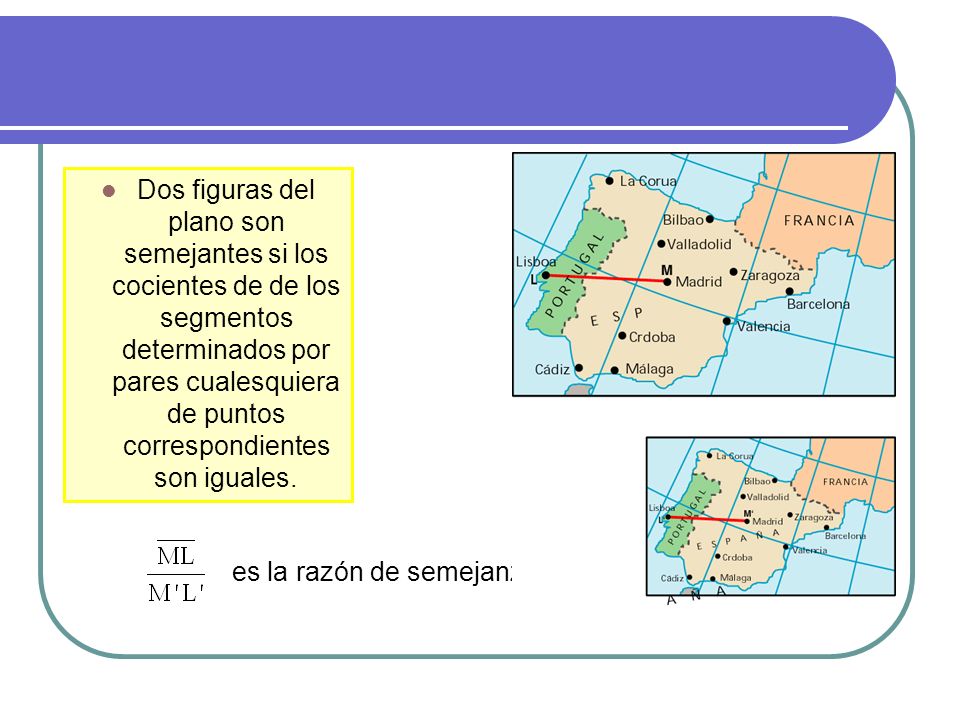 Dos figuras del plano son semejantes si los cocientes de de los segmentos determinados por pares cualesquiera de puntos correspondientes son iguales.